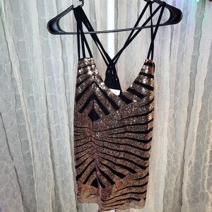Lavish Rose Gold Black Sequins Strappy Party Tank Top